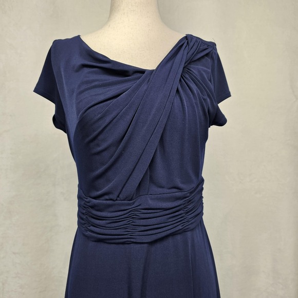 Christopher & Banks Dress Womens 10 Navy Blue Ruched Waist Midi Short Sleeve - Picture 2 of 10